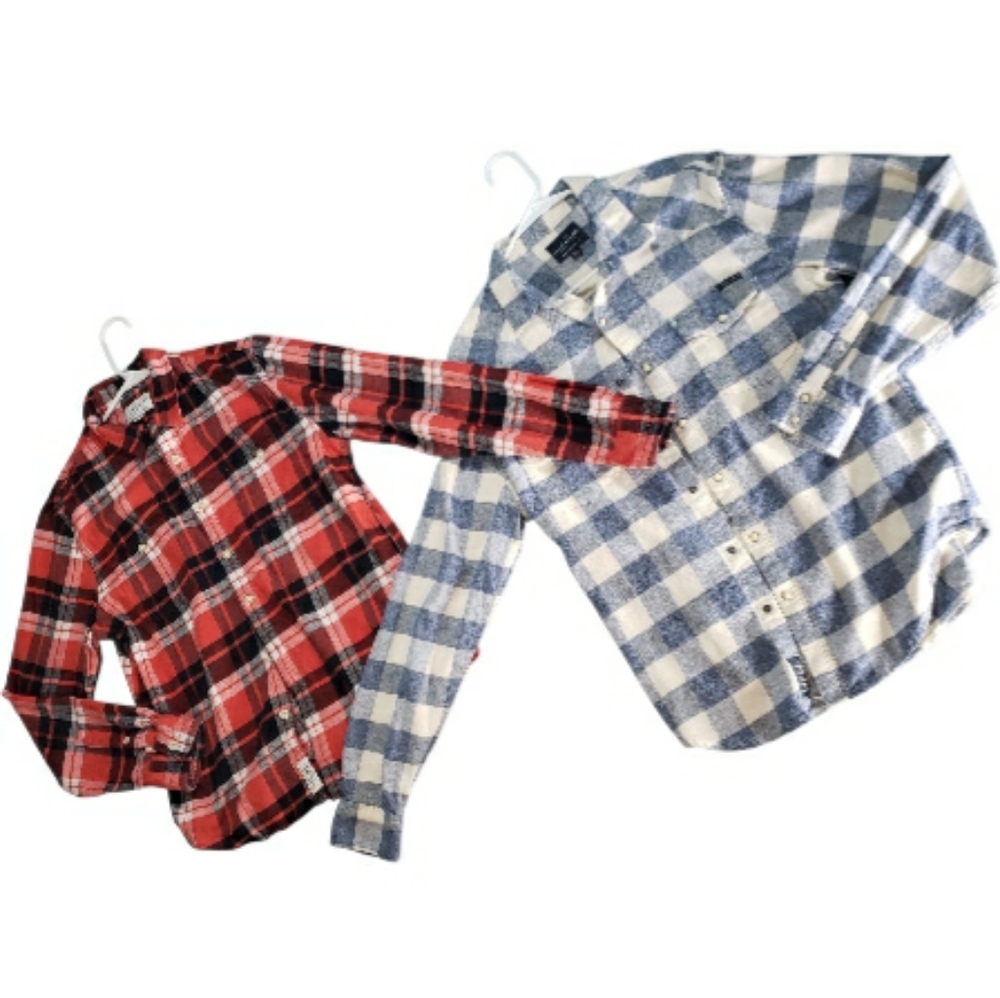 Lucky Brand Mens Saturday Stretch Buffalo Plaid Flanel M Red Blue Combo Bundle